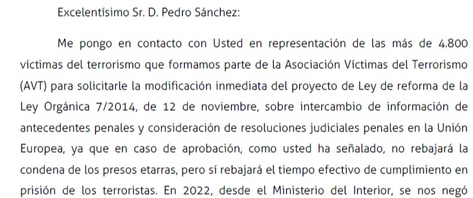 Carta de la AVT a Pedro a Sánchez