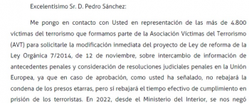 Carta de la AVT a Pedro a Sánchez